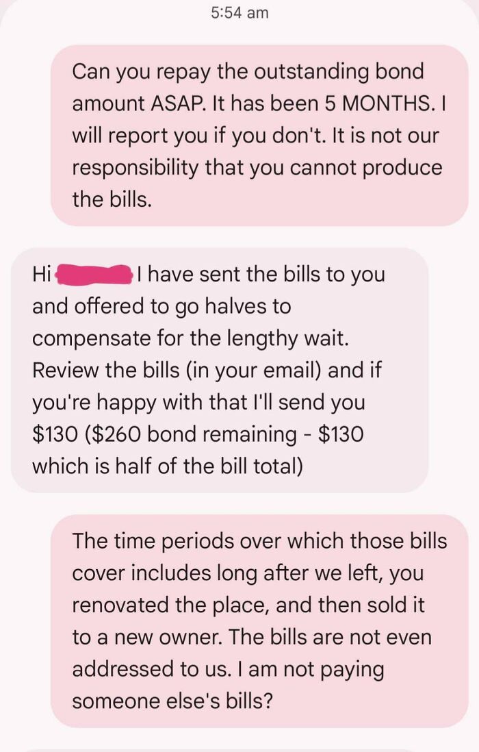 Screenshot of text messages about renting and booking dispute over unpaid bond and bills after moving out.