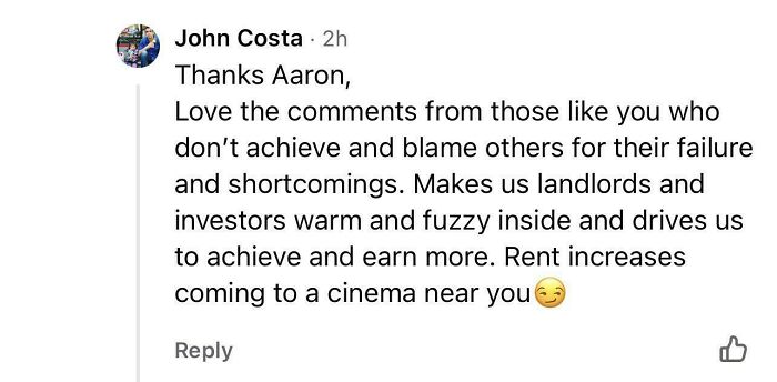 A comment about rent increases from a landlord, showing a frustrating renting and booking experience.