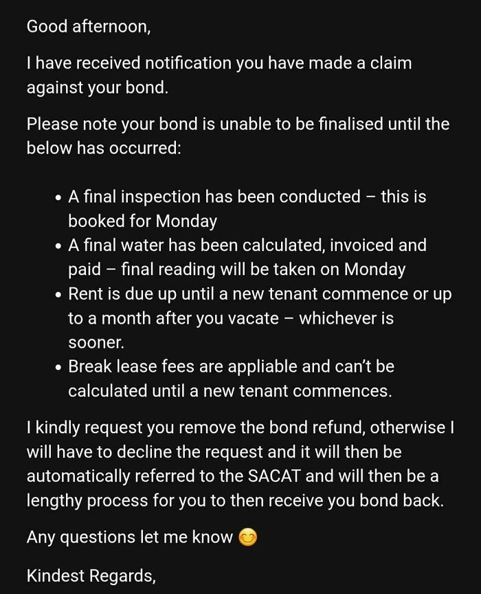 An email about a bond refund claim dispute, highlighting a difficult renting and booking situation.