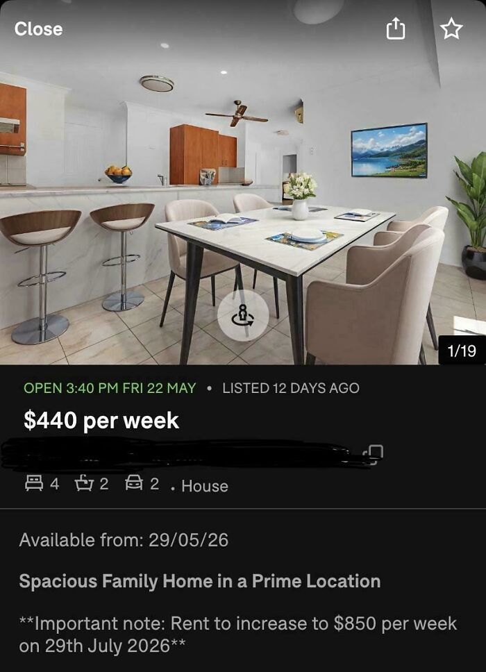 An online house listing with an extreme rent price hike, illustrating renting experiences.
