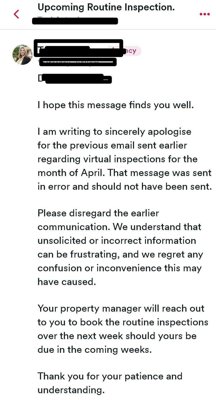 An email screenshot from a property manager about upcoming routine inspections, showing booking experiences.