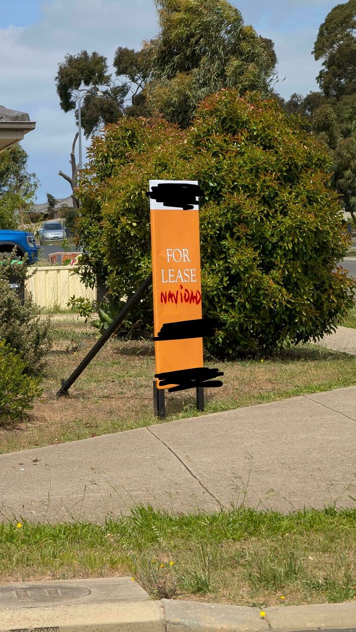 An orange real estate sign on a lawn that says For Lease with Navidad hand-written on it, showing renting.