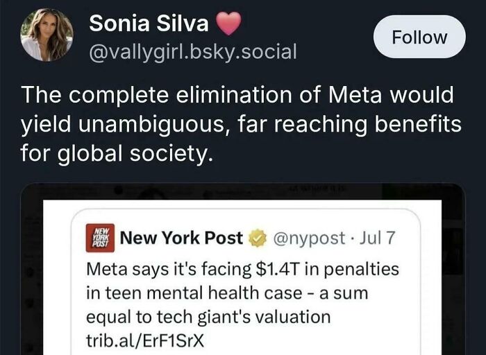 Tweet highlighting Meta's $1.4 trillion teen mental health penalty and its impact on global society
