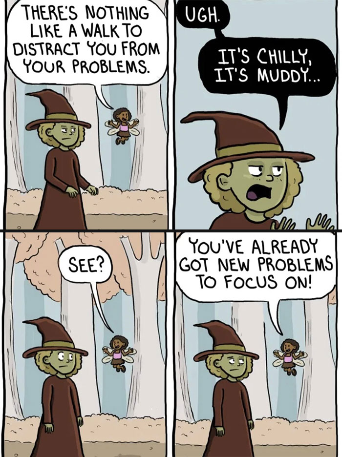 Comic of a short-tempered witch and fairy discussing a walk to distract from problems