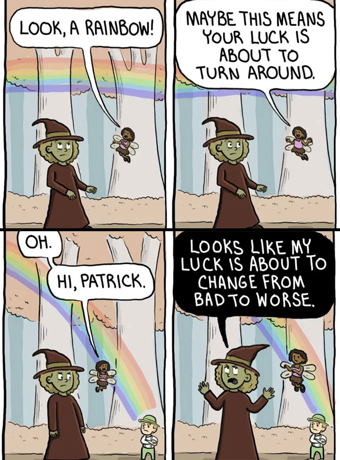 Comic of witch and fairy spotting a rainbow and talking about changing luck
