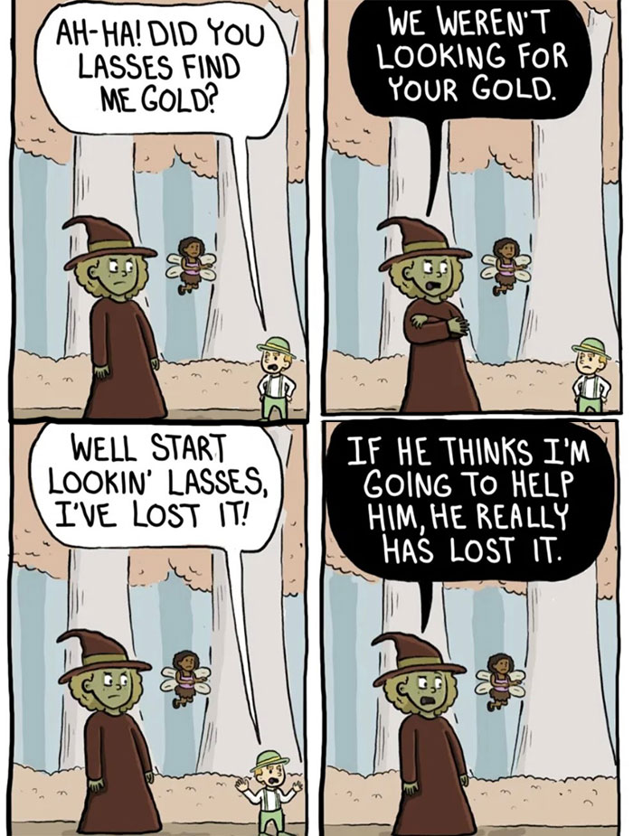 Comic of witch and fairy denying search for gold to a man named Patrick