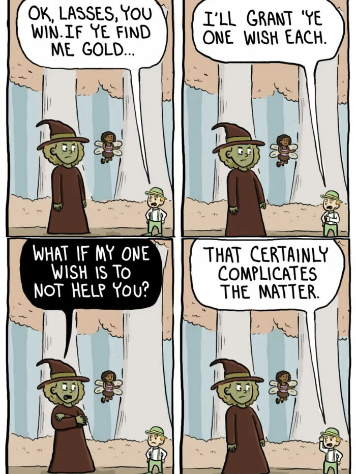 Comic of witch granting wishes and discussing complications with Patrick