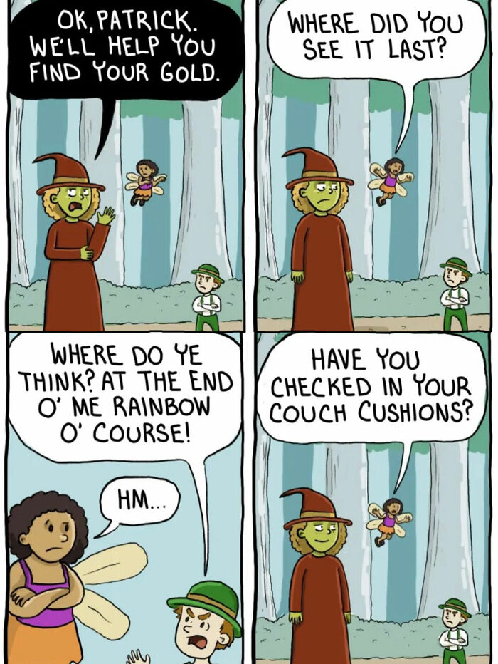 Comic of witch, fairy, and Patrick planning to find gold at the rainbow\'s end