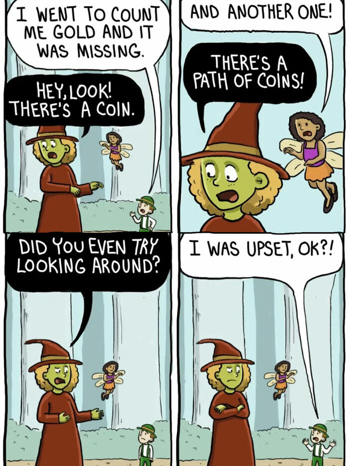 Short-tempered witch finds a missing coin with a path of coins in comics by Chelsea Carr