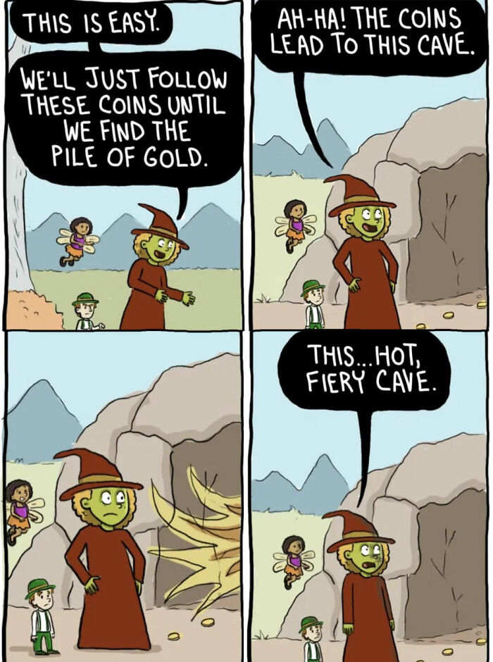 Witch and friends follow coins to a hot fiery cave in Chelsea Carr comics