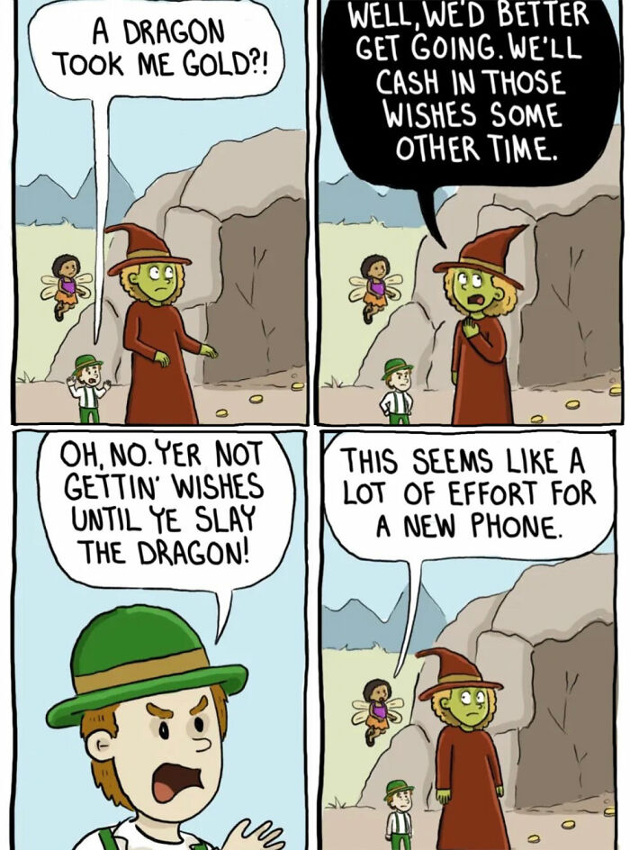 Characters discuss a dragon taking gold and the effort to get wishes in Chelsea Carr comics