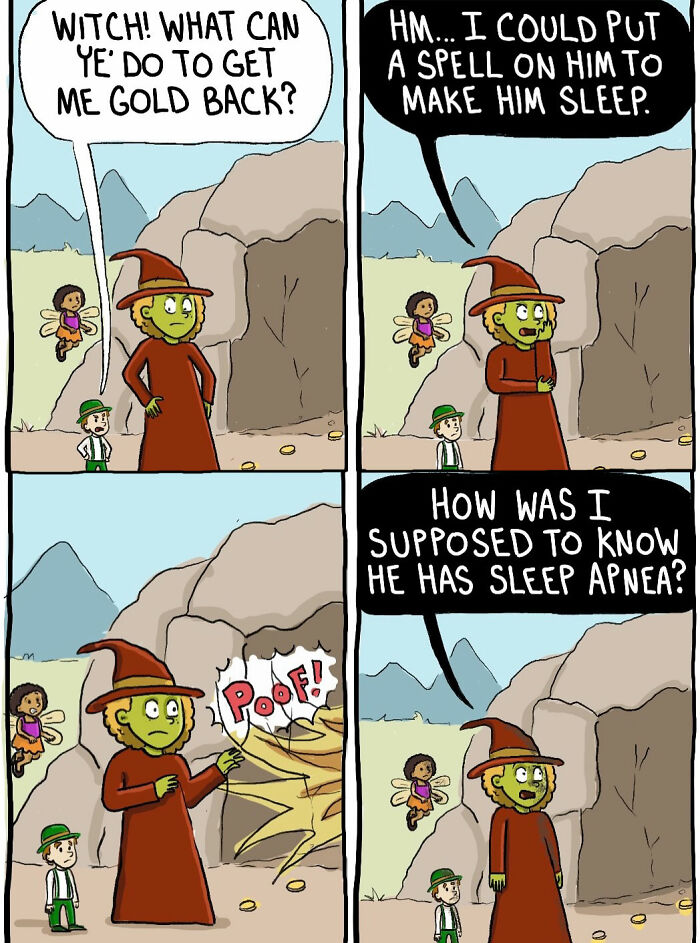 Witch considers a sleep spell but learns about sleep apnea in Chelsea Carr comics