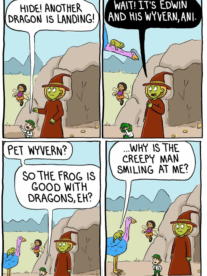 Comic panels featuring a short-tempered witch, a frog brother, and a pet wyvern discussing dragons.