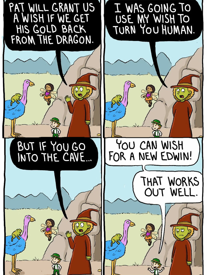 Comic panels showing witch and frog brother planning to get gold from a dragon for a wish.