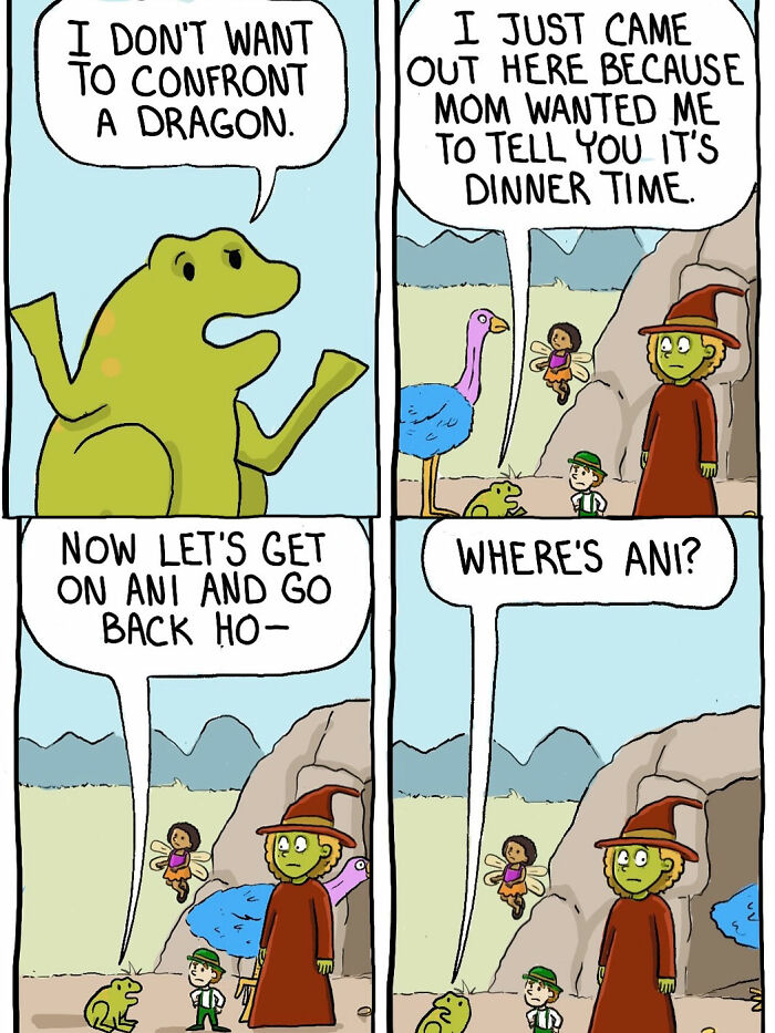 Comic panels with frog brother avoiding dragon confrontation, telling it\'s dinner time.