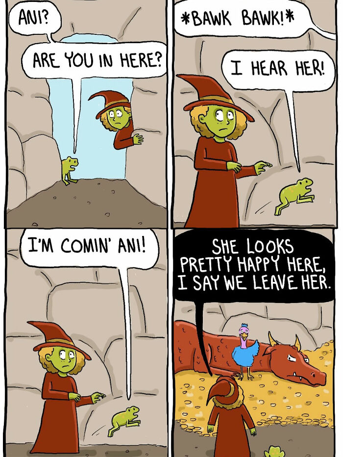 Comic panels of witch looking for Ani in a cave with a dragon and pet wyvern nearby.