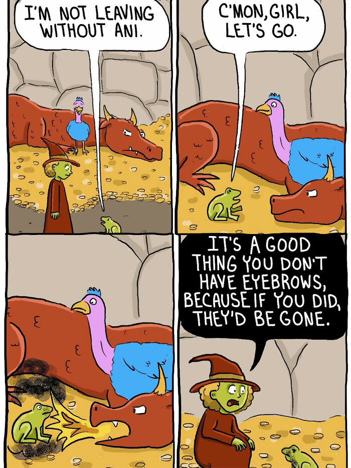 Comic panels of witch insisting on not leaving without Ani near a sleeping dragon and wyvern.