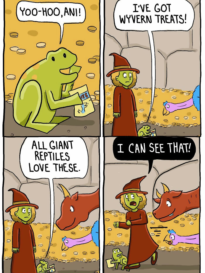 Comic panel with a short-tempered witch and frog brother about wyvern treats and giant reptiles
