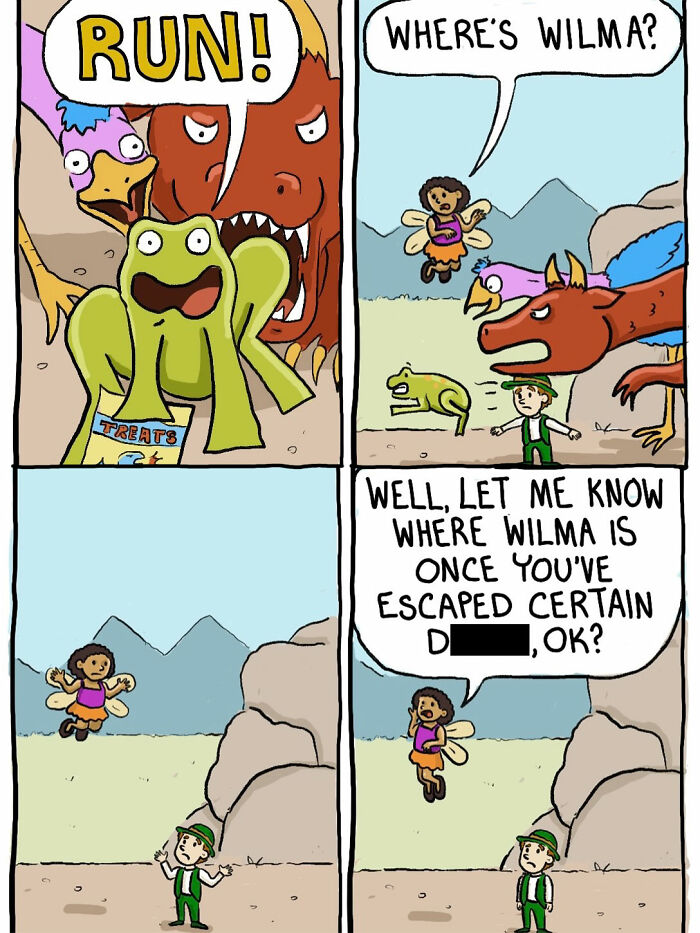 Comic panel showing characters running and asking about Wilma in the witch comic