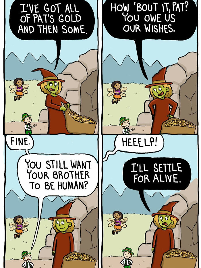 Witch comic panel about gold, wishes, and brother\'s human form