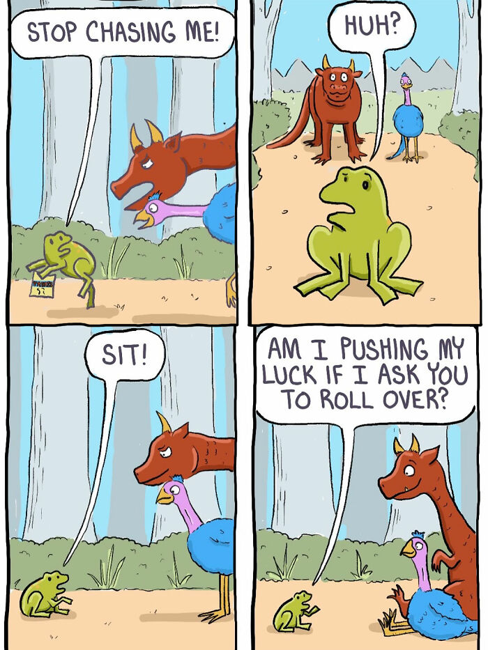 Comic panel with witch, frog, and animals involving a chase and commands