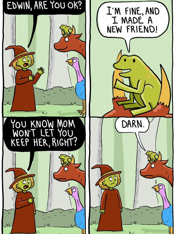 Witch comic panel where frog makes a new friend and concerns about keeping it