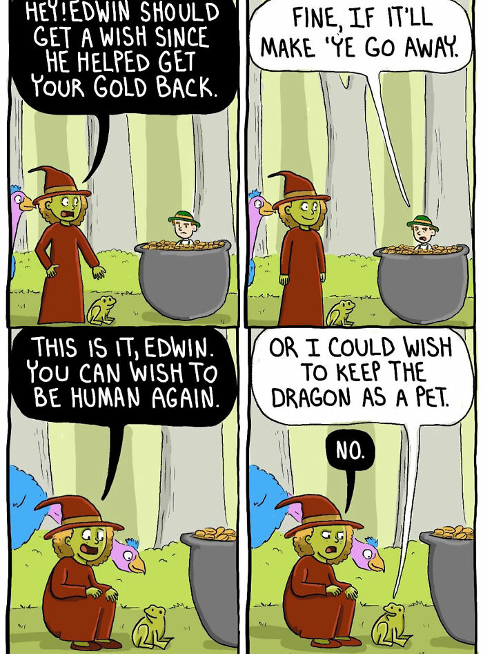 Comic panels of a short-tempered witch offering Edwin a wish to become human again in the witch comics.