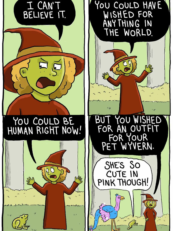 Witch explains Edwin could wish for anything but chose a pet wyvern outfit in witch comics.