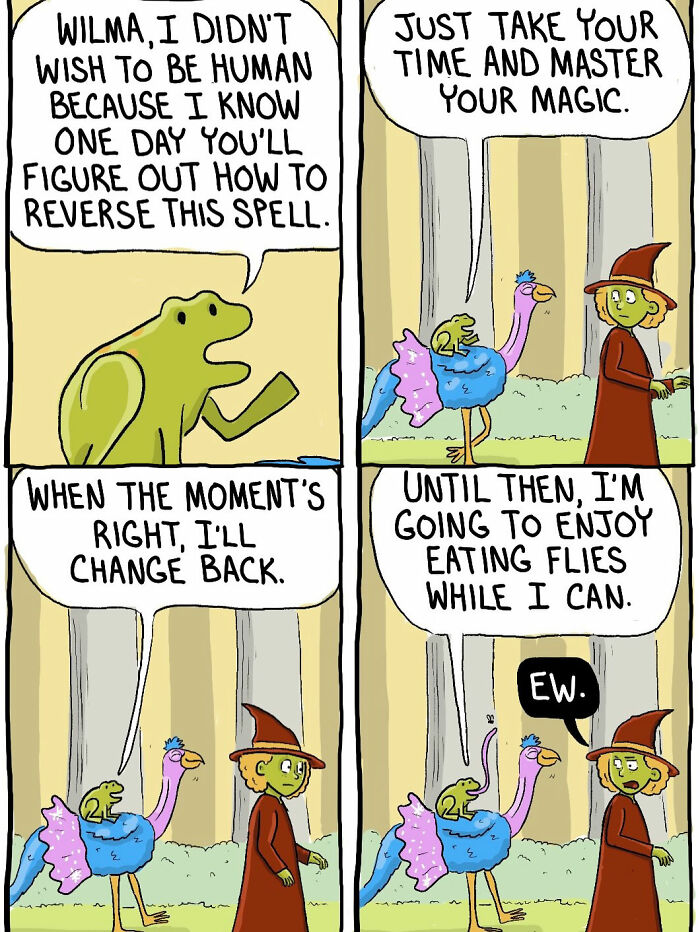Edwin as a frog talks about waiting to reverse the spell in short-tempered witch comics.