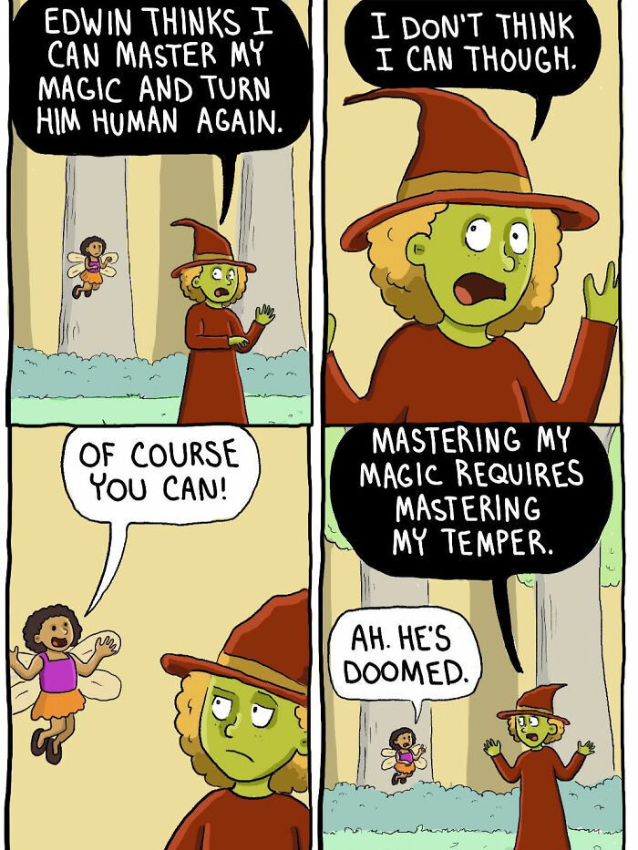 Witch doubts mastering magic while fairy encourages her in short-tempered witch comics.