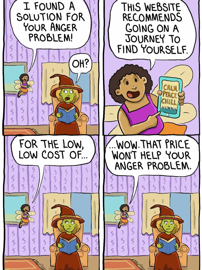 Fairy suggests a journey to find oneself for anger in short-tempered witch comics.