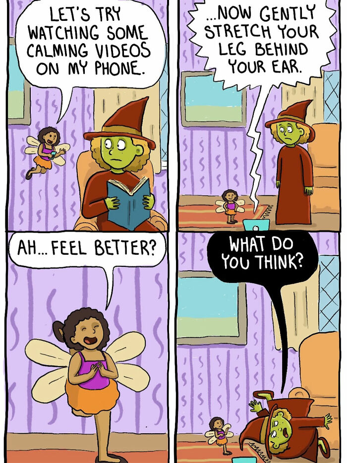 Comic of a short-tempered witch and fairy trying calming videos and stretching leg behind ear