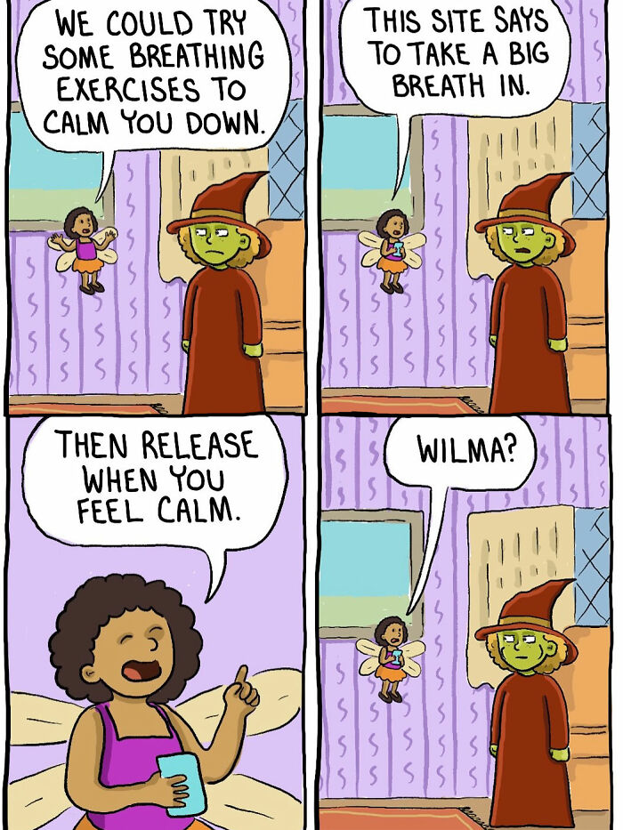 Comic of witch and fairy trying breathing exercises to calm stress