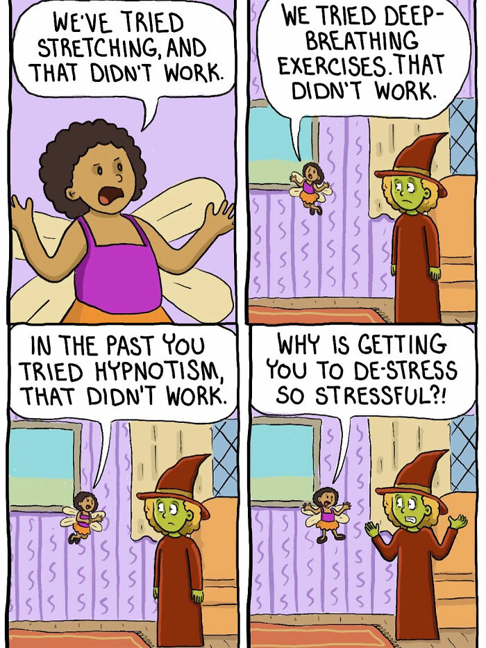 Comic of witch and fairy discussing failed calming methods including hypnosis