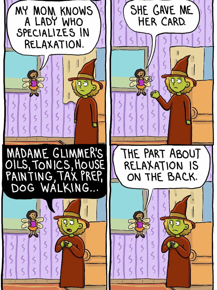 Comic of witch and fairy talking about relaxation specialist Madame Glimmer\'s services