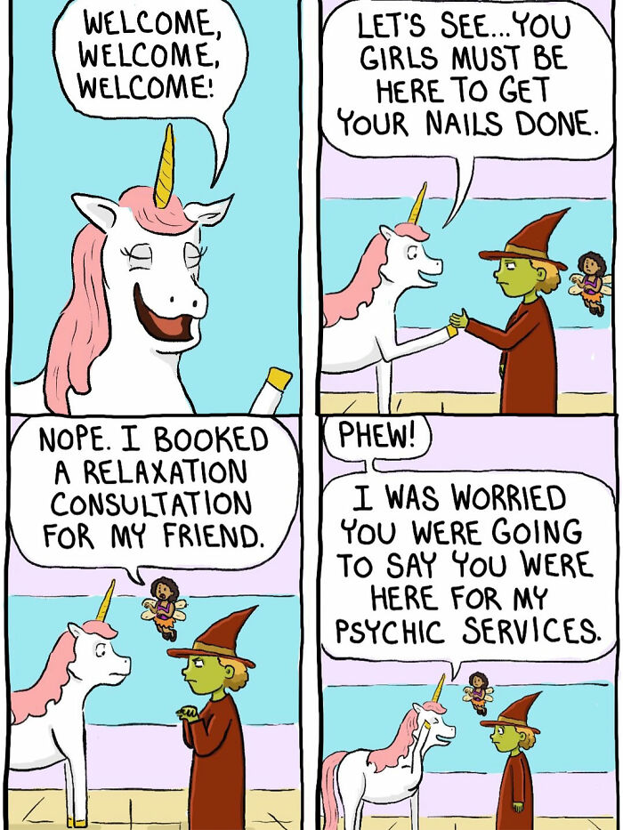 Comic of witch meeting a unicorn for a relaxation consultation appointment