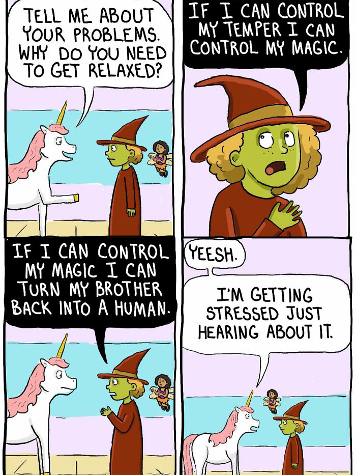 Short-tempered witch talks with unicorn about controlling magic and turning brother back to human