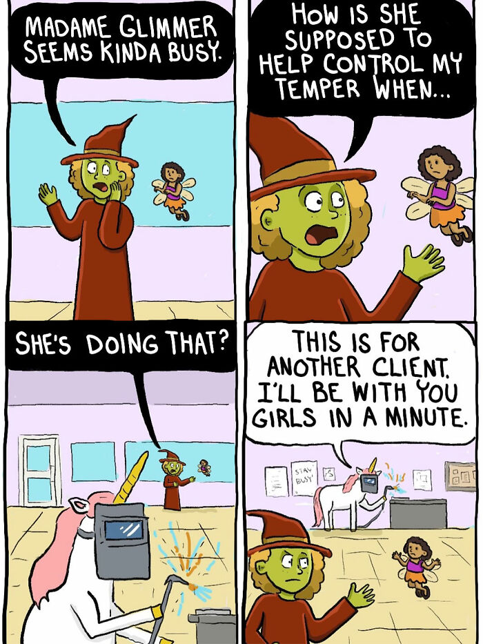 Witch and fairy discuss Madame Glimmer busy with controlling temper