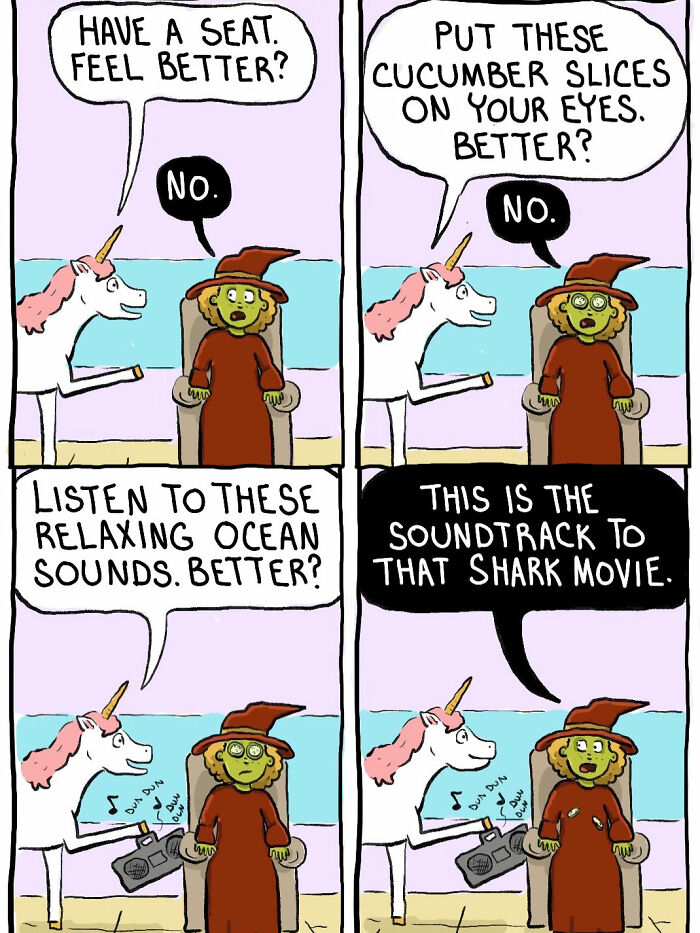 Unicorn tries relaxation techniques on witch who resists calming efforts