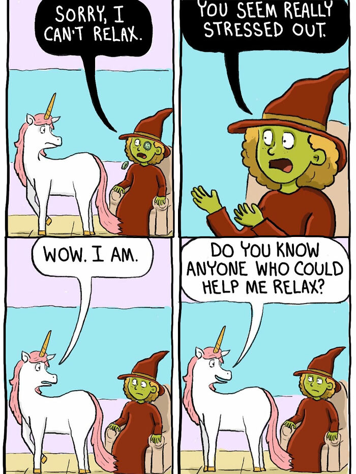 Witch admits stress while unicorn asks about help to relax