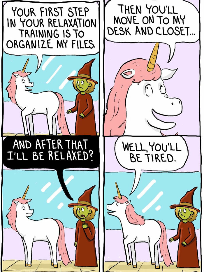 Comic of a short-tempered witch receiving relaxation training from a unicorn with file organizing tasks