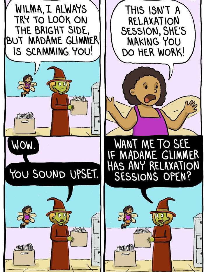 Comic panel with witch and fairy discussing a witch scamming relaxation training sessions