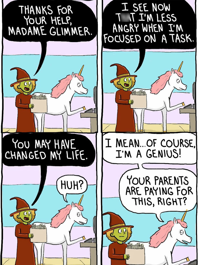 Short-tempered witch thanking unicorn for help and reflecting on anger management