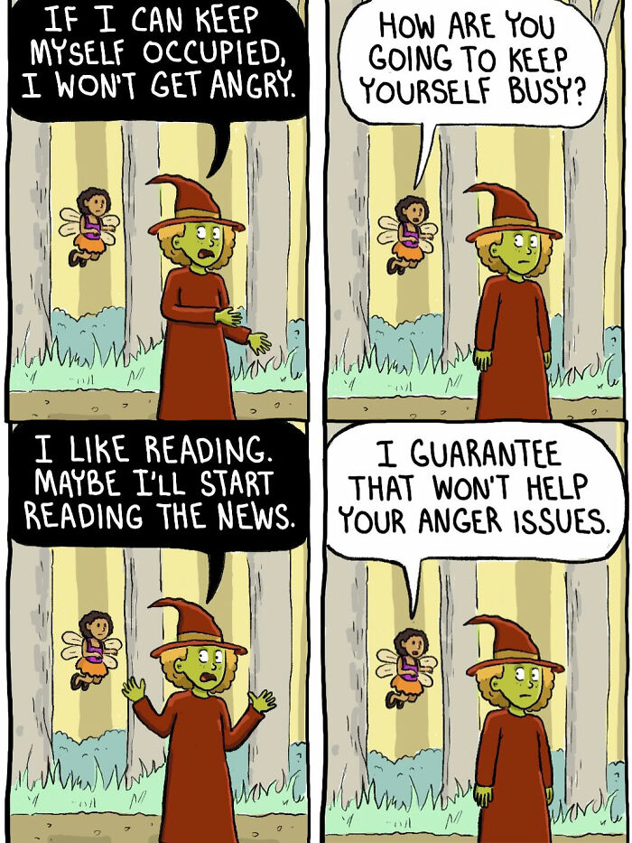 Witch and fairy talk about keeping busy to control anger in comic