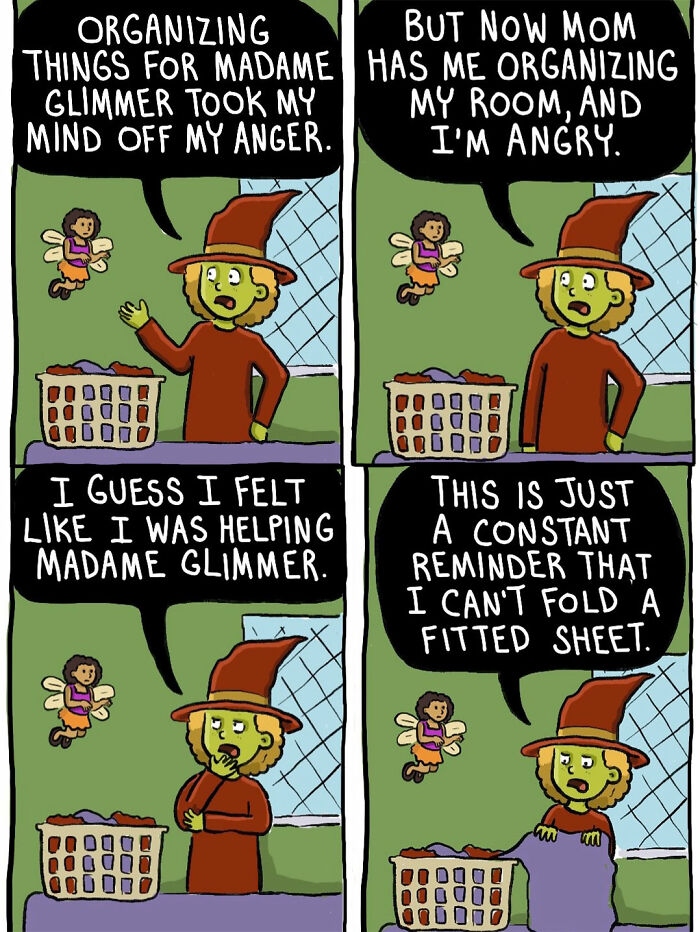 Comic of a short-tempered witch organizing laundry to help Madame Glimmer and feeling angry about folding fitted sheets