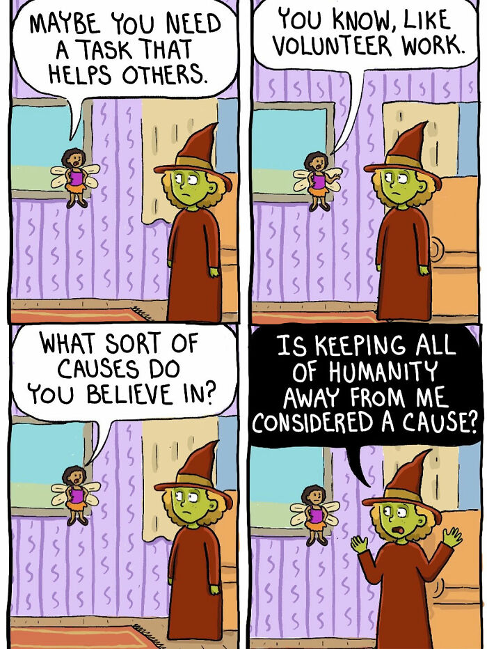 Comic showing witch discussing volunteer work as a way to help others in Chelsea Carr comics