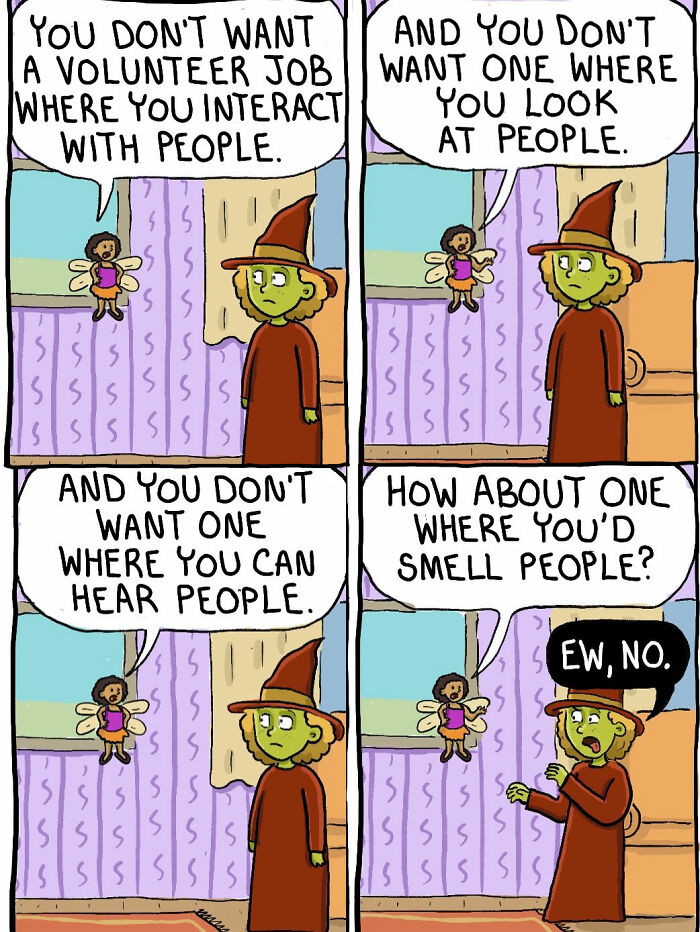 Comic where witch considers volunteer jobs with no interaction with people in Chelsea Carr comics