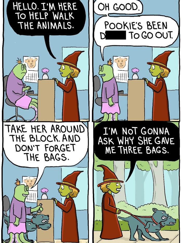 Comic panel of witch volunteering to walk dogs and dealing with cleanup in Chelsea Carr comics