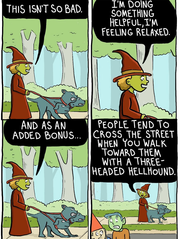 Short-tempered witch walks a three-headed hellhound in a comic by Chelsea Carr