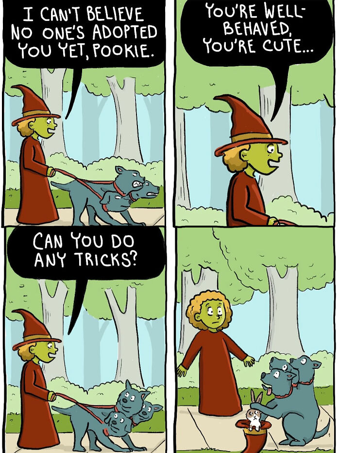 Witch talks to her three-headed hellhound about adoption and tricks in a comic
